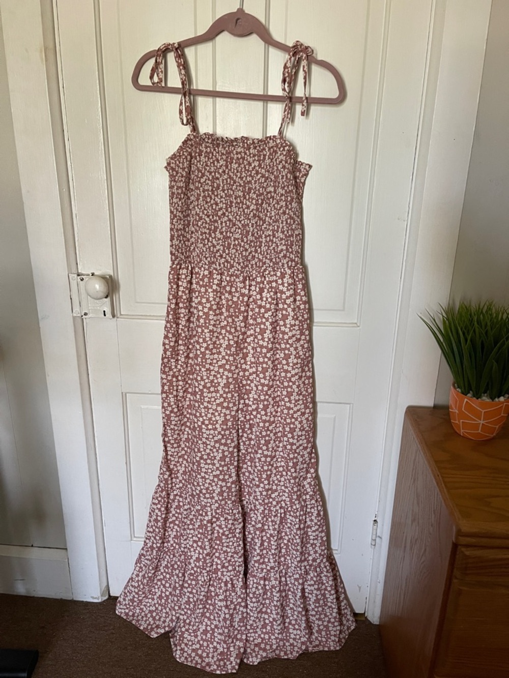 Smocked Floral Tie-Shoulder Wide-Leg Jumpsuit in Dusty Rose